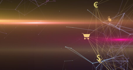 Poster - Showing network connections in digital space, with cart, Euro, US dollar, padlock icons, copy space