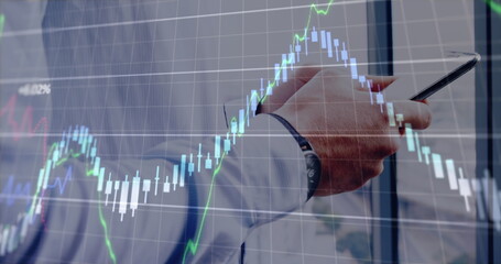 Poster - Image of data processing over caucasian businessman with smartphone