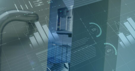 Poster - Displaying data dashboard overlaying office metal panels, with charts, rings, binders and chair