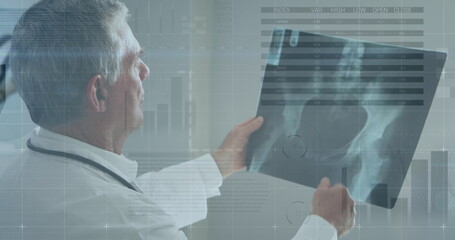Poster - Image of financial data processing over caucasian doctor