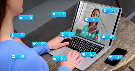 Poster - Image of online icons over smartphone and laptop