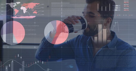 Poster - Image of data processing over caucasian businessman drinking coffee