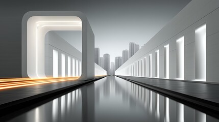 Poster - 3d render of a modern urban landscape with river and water reflection in sci-fi cyberspace forward motion 4K video 