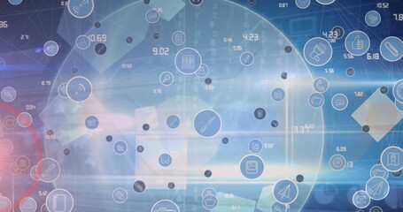 Poster - image of data processing and icons over blue background