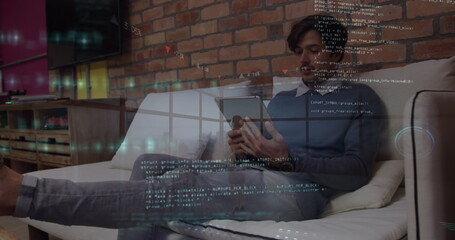 Poster - Image of data processing over businessman using tablet