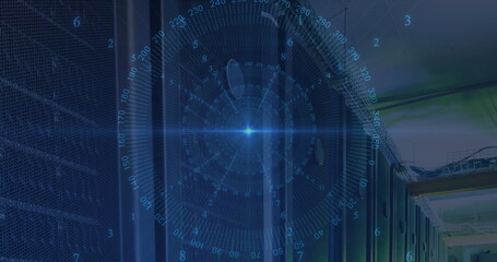 Poster - Blue spot of light and data processing against empty computer server room