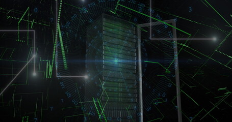 Poster - blue light trails and data processing over computer server against black background