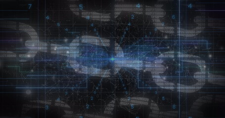 Poster - blue light trails, data processing and security chain icon against black background