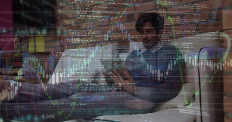 Poster - Image of data processing over businessman using tablet