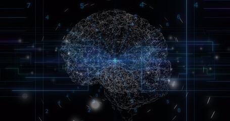 Poster - Blue light trails and human brain spinning against blue background