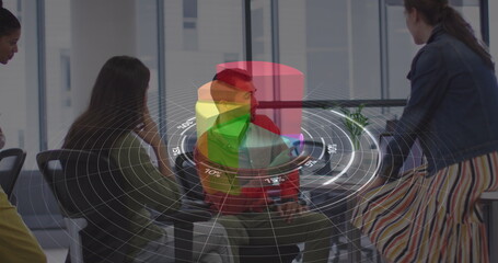 Poster - Image of financial data processing over diverse group of business people