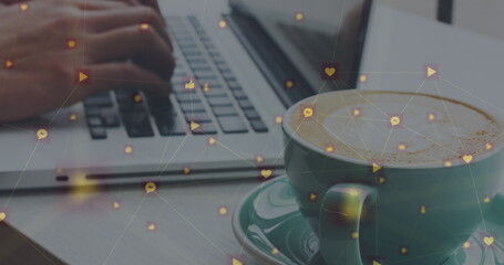 Poster - Image of network of connections with social media icons over caucasian woman using laptop