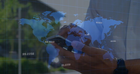 Poster - Image of world map and spots over couple using vr headset