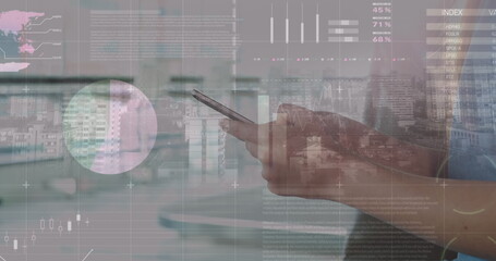 Poster - Image of data processing over caucasian businesswoman using smartphone