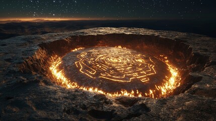Wall Mural - Alien Artifact in a Crater A mysterious alien artifact discovered in a large crater on a distant planet. 