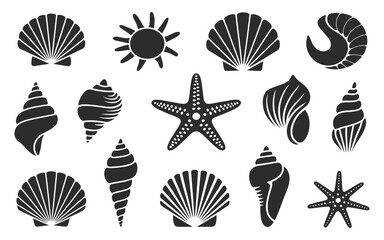 Poster - Collection of Black and White Sea Shells Starfish and Sun Icons on a White Background for Summer Designs