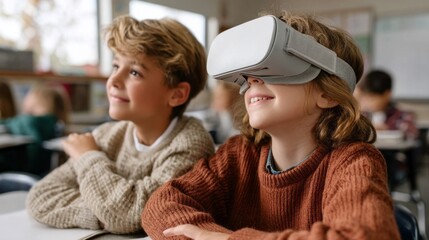 Leinwandbilder - In a vibrant classroom, students engage with virtual reality headsets, experiencing immersive learning opportunities together. Their expressions show excitement and curiosity during the activity