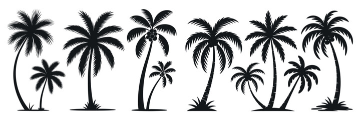 Poster - Collection of Black Palm Tree Silhouettes on White Background Tropical Exotic Trees Vacation and Holiday Concept Vector Illustration for Decoration and Design