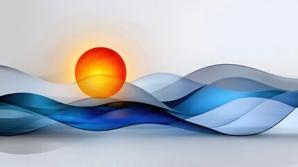 Poster - A warm golden sun sets behind softly flowing blue and white waves, creating a tranquil and harmonious atmosphere. The blend of colors evokes a sense of calmness and peace.