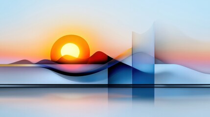 Poster - A stunning sunset casts warm colors over abstract mountains, creating a serene atmosphere above calm water. The blend of hues enhances the peaceful ambiance at dusk.