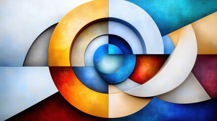Poster - The artwork showcases a vibrant composition of circles and curves, blending warm and cool colors. It emphasizes a harmonious balance through its shapes, demonstrating modern artistic techniques.