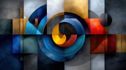 Poster - Swirling colors and shapes create a vibrant geometric abstract art piece. The modern composition blends blues, yellows, and reds, evoking a sense of movement and energy.