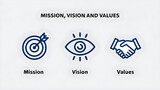 Mission, vision and values. Business strategy icons, flat vector illustration