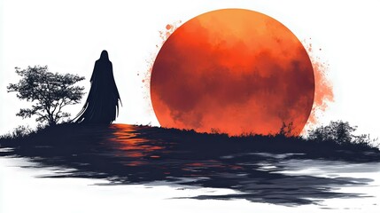 Wall Mural - a haunting silhouette of a figure against a large, glowing orange sun, surrounded by dark trees and 