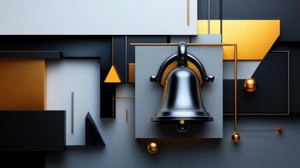Poster - A striking arrangement showcases a black bell centered among various geometric shapes and gold lines. The contrasting elements create a contemporary aesthetic, emphasizing art and design.