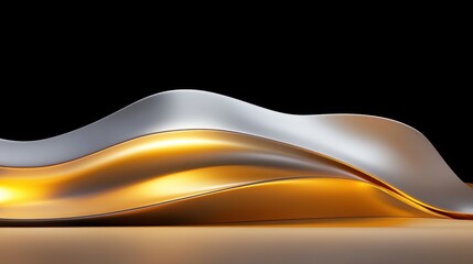 Poster - Curved metallic shapes in silver and gold flow elegantly against a black background, showcasing a contemporary design. The polished surfaces reflect light beautifully, creating visual interest.