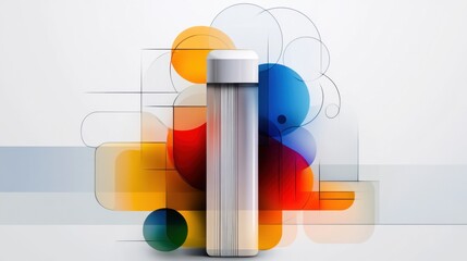 Poster - A contemporary cylindrical object stands prominently amid vibrant geometric shapes in various colors against a light grey background, creating a striking visual contrast.