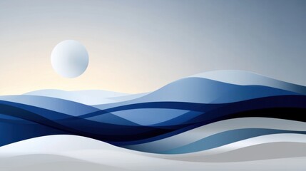 Poster - A serene landscape features smooth, flowing waves in various shades of blue and white under a gentle sky at dawn. The large sun casts a soft light, enhancing the tranquil atmosphere.