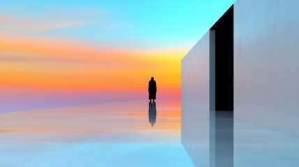 Poster - A figure stands alone, silhouetted against a vibrant sunset, reflecting on a glossy surface in a tranquil setting. The colors blend beautifully, creating a peaceful atmosphere.