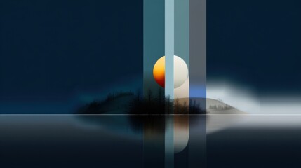 Poster - A vibrant sunset paints the sky with hues of orange and blue, reflecting on still water. Silhouettes of trees emerge from an island, enhancing the tranquil atmosphere at twilight.