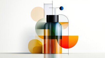 Poster - A striking composition showcases a contemporary bottle surrounded by colorful geometric shapes, blending vibrant hues with sleek lines in a stylish arrangement.