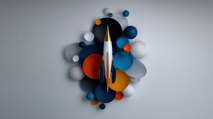 Poster - A striking rocket sculpture stands upright amidst a variety of colorful spheres and shapes, blending creativity with modern art in a gallery setting.