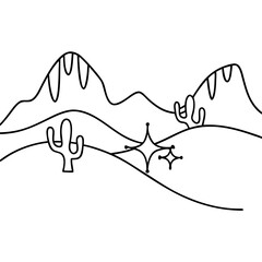 Poster - Desert landscape with cacti and mountains. Simple desert scenery perfect for postcards, prints, and children's book illustrations.