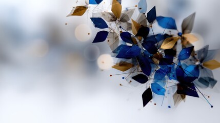 Poster - Ethereal decorations made of blue and gold glass leaves hang delicately, creating a dreamy ambiance in a minimalist space filled with soft, blurred backgrounds.