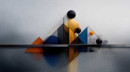Poster - A collection of geometric shapes including triangles, circles, and spheres in vibrant colors rests on a smooth surface. The still water reflects the design, enhancing the tranquil atmosphere.
