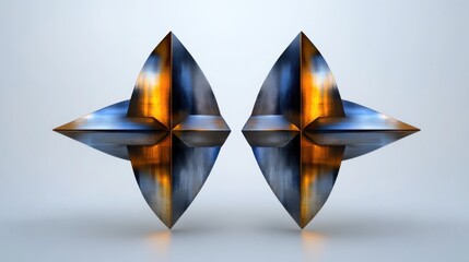 Poster - Two abstract sculptures are placed symmetrically, showcasing sharp shapes and reflective surfaces that capture light, set against a neutral backdrop.