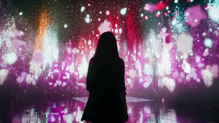 Wall Mural - A woman stands in front of a large projection of a colorful cityscape. The scene is illuminated with bright lights and the woman is looking at the projection with a sense of wonder and awe