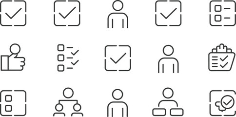 Poster - A collection of black outline icons including check marks, people, and lists on a white background