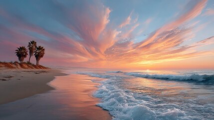 Aufkleber - Waves softly touch the sandy beach as a vibrant sunset paints the sky with hues of orange and pink. Palm trees silhouette against the glowing backdrop, creating a serene atmosphere