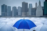 A single blue umbrella amidst a sea of white ones, against a backdrop of New York City skyline