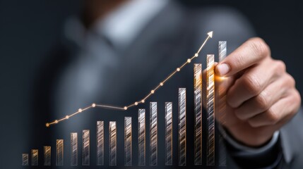 Poster - Businessman analyzing financial growth with a rising graph on a digital display.