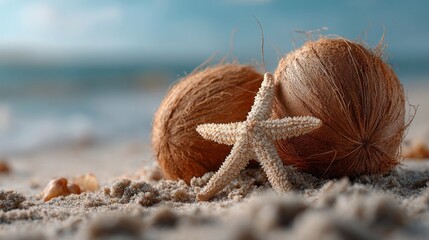 Aufkleber - Coconuts and a starfish are placed on a sandy beach, with gentle waves in the background. The scene captures a peaceful seaside moment during daylight hours