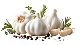 Artistic arrangement of whole garlic bulbs, individual cloves, fresh rosemary sprigs, thyme, and peppercorns. Aromatic culinary herbs and spices. Isolated on transparent background.