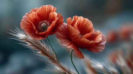 Aufkleber - Poppies bloom in brilliant red, dancing lightly in the gentle breeze amid vibrant green grass. This serene landscape captures the essence of springtime's natural beauty