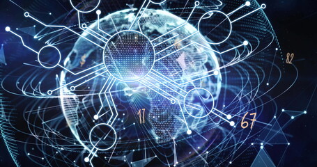 Leinwandbilder - Image of microprocessor connections over light trails and globe against black background