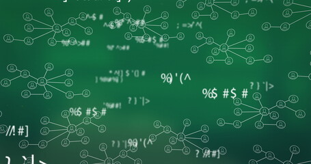 Poster - multiple changing mathematical symbols against network of digital icons against green background